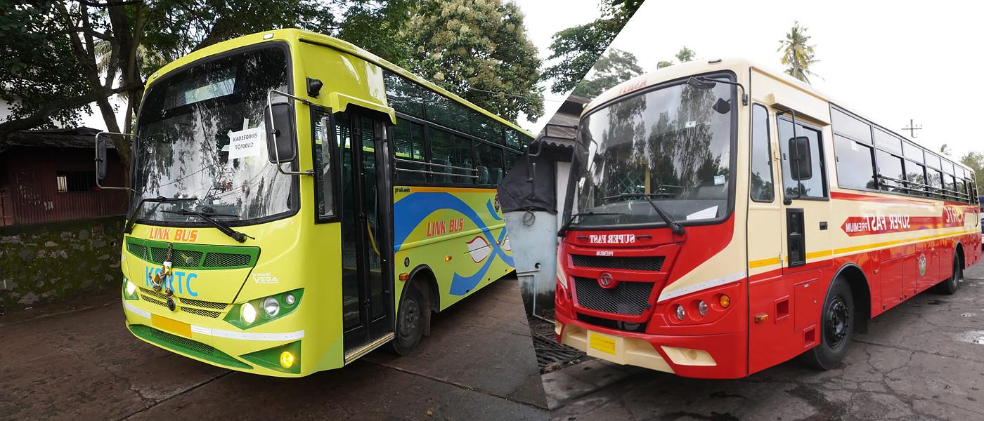 രണ്ട് KSRTC ബസുകൾ ചേർന്ന ചിത്രം — ഇടതുവശത്ത് ഇളംപച്ച നിറത്തിലുള്ള ലിങ്ക് ബസ് നഗരസേവനം, വലതുവശത്ത് ചുവപ്പും ക്രീമും ഇടകലർന്ന സൂപ്പർ ഫാസ്റ്റ് പ്രീമിയം ബസ്. രണ്ടും ഡിപ്പോ മുറ്റത്ത് നിർത്തിയിട്ടിരിക്കുന്നു.